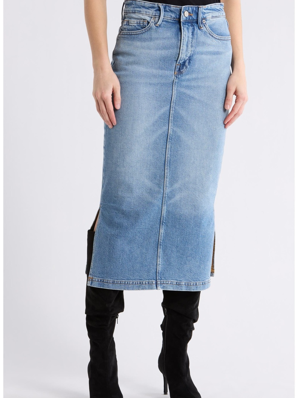 Good American Light Blue Denim Midi Skirt with Side Slits Size 24